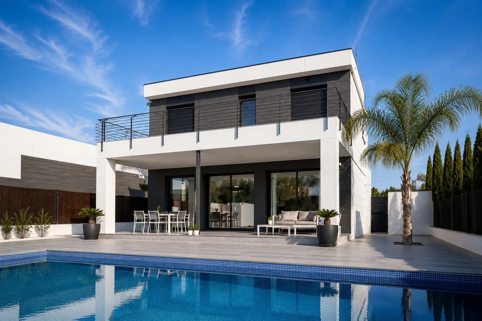 Homi Moncada: villa en porcelánico blanco y grafito con piscina de gresite
